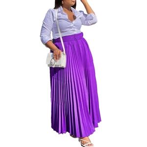 Elegant white button-down shirt paired with a purple pleated maxi skirt and matching belt