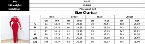 Detailed size chart for solid color long sleeve mesh dress including measurements and belt