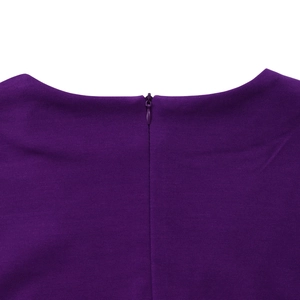 Close-up of the elegant purple neckline featuring a hidden zipper and pleated texture