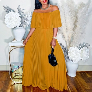 Elegant mustard yellow off-shoulder pleated maxi dress with a flowing silhouette for women