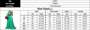 Detailed size chart for two-piece ruffle top and pleated wide leg pants set, S to 3XL