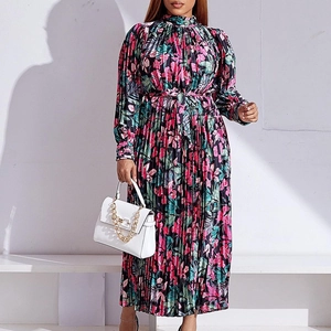 Elegant long sleeve pleated maxi dress with vibrant floral print and high turtleneck design