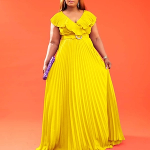 Robe Maxi Élégante à Col en V Volants et Plissée Pour Femmes Avec Ceinture en Strass Taille Haute Fête d'Été Robe Longue Ligne A