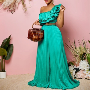 Women Sexy One Shoulder Ruffle Top And Wide Leg Pleated Pants Top And Bottom Solid Color High Waist Summer Outfits