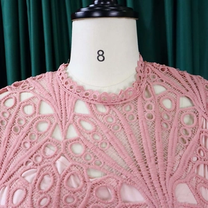 Detailed macro shot of pink lace collar and intricate floral hollow-out embroidery