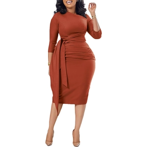 Elegant rust red mid-length bodycon dress with asymmetric neckline and ruched waist tie