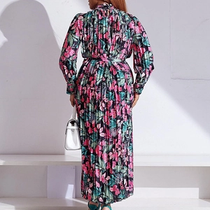 Maxi pleated long sleeve dress with colorful floral print and high neck for women
