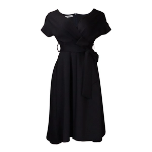 Detailed view of black V-neck dress featuring a waist tie and elegant A-line silhouette