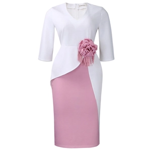 Detail of V-neck top with pleated waist, 3D fabric flower and pink tassel on dress