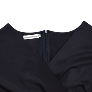 Detail of cross V-neckline and back zipper on black short sleeve evening dress