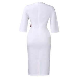 Rear view of white slim midi dress with invisible zipper and elegant slit detail