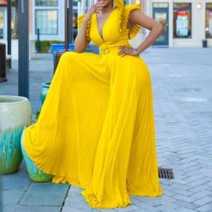 Eleganter leuchtend gelber V-Ausschnitt Plissee Jumpsuit mit Gürtel und Rüschenärmeln