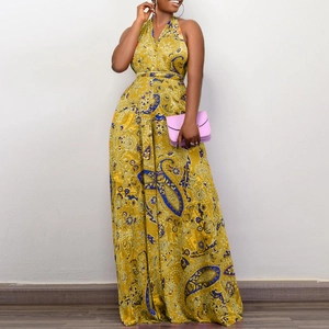 Women bohemian halter maxi dress with vibrant paisley print in yellow and blue