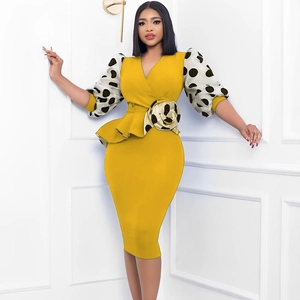 Elegant yellow pencil dress with polka dot puff sleeves and V-neckline floral detail