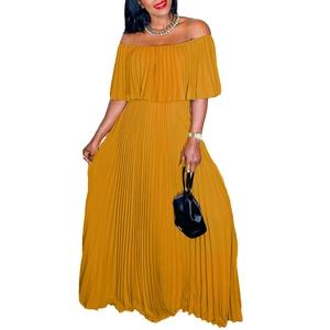 Elegant mustard yellow off-shoulder pleated maxi dress with layered ruffle neckline design