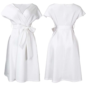 Detail view of white V-neck dress with adjustable waist tie and A-line silhouette