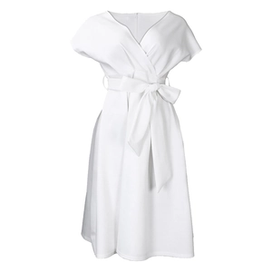 Detail of elegant white V-neck dress featuring a cinched waist with a decorative bow tie