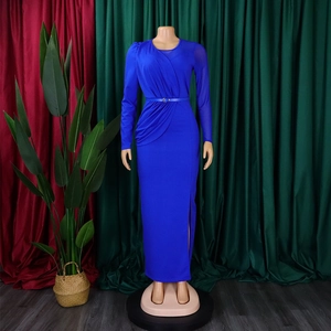 Detail of royal blue pleated neckline and waist belt on long-sleeve maxi dress