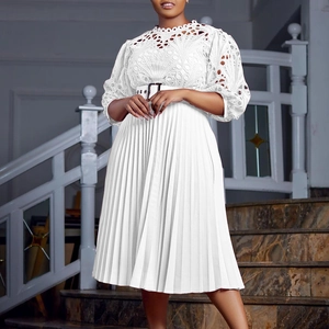 Elegant white lace hollow midi dress with a pleated skirt and black waist belt