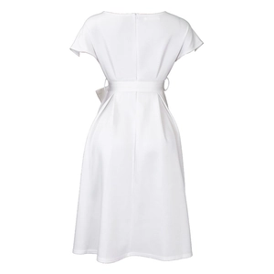 Back view of elegant white V-neck dress featuring a waist-tie belt and invisible zipper