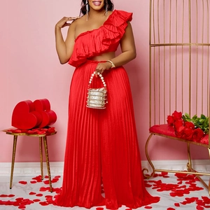 Elegant red one-shoulder ruffle top and pleated wide-leg pants set for women