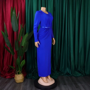 Detail view of royal blue dress with side ruching and matching waist belt on mannequin