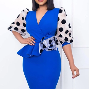 Women Elegant V Neck Polka Dot Bubble Sleeve Pencil Dress With 3D Flower Peplum Bodycon Midi Dress For OL Commute Party