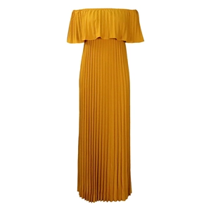 Elegant gold off-the-shoulder pleated maxi dress with ruffled neckline for women