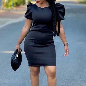 Women's Elegant Solid Color Puff Sleeve Bodycon Dress Sexy Round Neck Slim Fit Mini Dress For Party Office Lady Summer