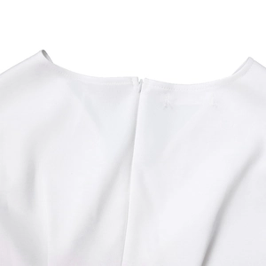 Detail shot of the back neckline featuring a hidden zipper and clean double-needle stitching