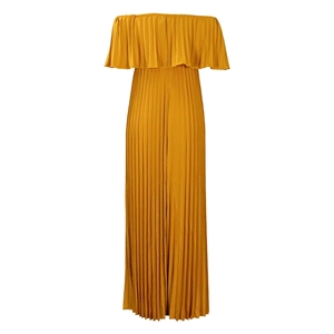 Detail of mustard yellow off-shoulder maxi dress with elegant ruffles and pleated texture