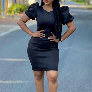 Slim fit black bodycon dress with puff sleeves and round neckline for women