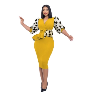 Polka dot puff sleeve peplum pencil dress in bright yellow with floral waist detail