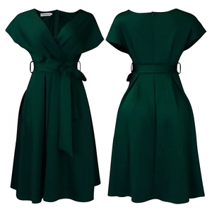 Front and back view of a dark green V-neck dress with belted waist and pleated skirt