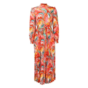 Detail of high-neck pleated maxi dress with abstract marble print and waist tie
