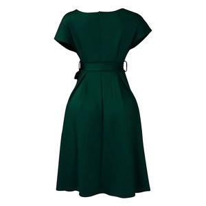 Detailed back view of a dark green V-neck dress featuring a sleek invisible zipper and belt