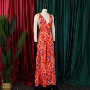 Detail of red paisley bohemian V-neck sleeveless wide leg jumpsuit for women
