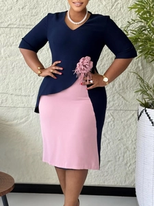 Elegant Women V Neck Color Block Patchwork Midi Dress With 3D Floral Tassel Pleated Half Sleeve Slim Fit Party Dress