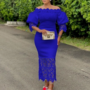 Royal blue off-shoulder plus size dress with floral lace detailing and lantern sleeves