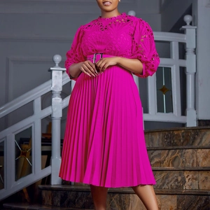 Elegant fuchsia lace pleated dress with long puff sleeves and matching metal buckle belt