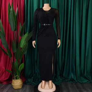 Close-up of elegant V-neck pleated bodice and mesh long sleeves on a black fitted dress