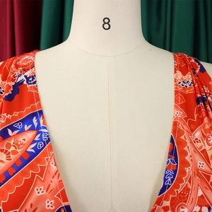 Detailed view of the V-neckline featuring vibrant ethnic floral print and stitching details