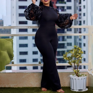 Elegant Mesh Sheer Floral Embroidery Long Bubble Sleeve Jumpsuit High Waist Wide Leg Long Pant Jumpsuit With Rhinestone Belt