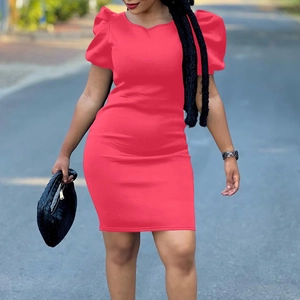 Coral red slim fit bodycon dress with puff sleeves and crew neck for women