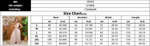 Detailed size chart for women's V-neck pleated wide-leg jumpsuit with measurements