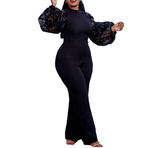 Elegant black wide-leg jumpsuit with floral lace sheer puff sleeves for a stylish look