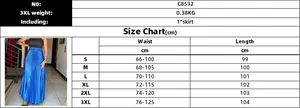 Detailed size chart for high waist pleated blue maxi skirt with elastic waist measurements