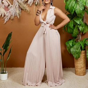 Elegant nude V-neck pleated wide-leg jumpsuit with waist tie for modern women