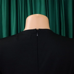 Close-up of invisible zipper on black dress collar with smooth fabric texture