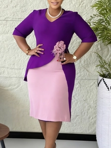 Elegant purple and pink V-neck dress with 3D floral accent and pleated sleeves